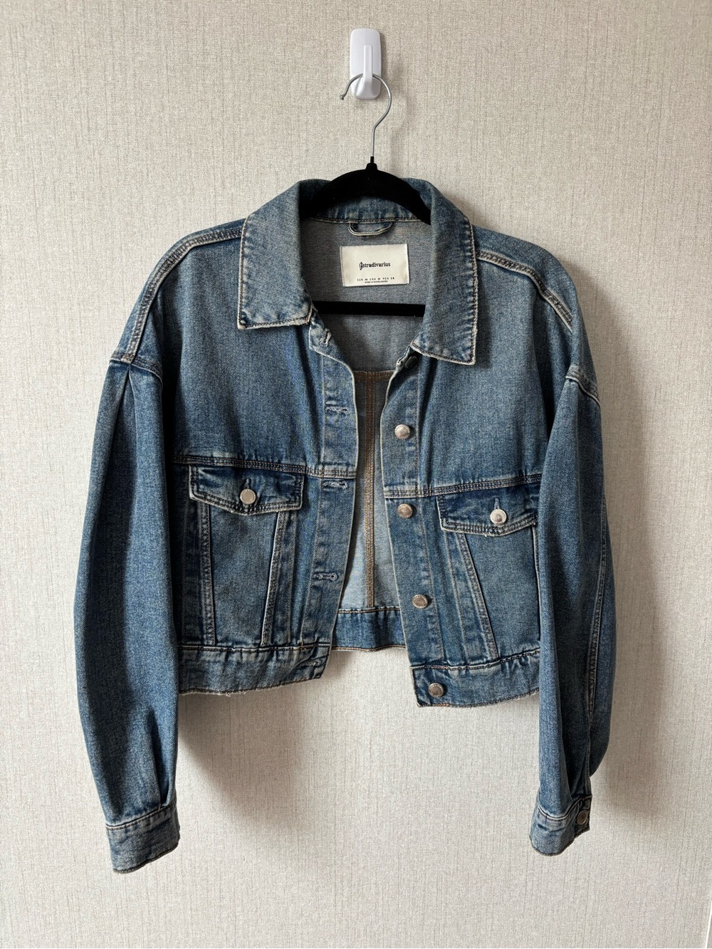 stradivarius Medium Blue Cropped Denim Jacket